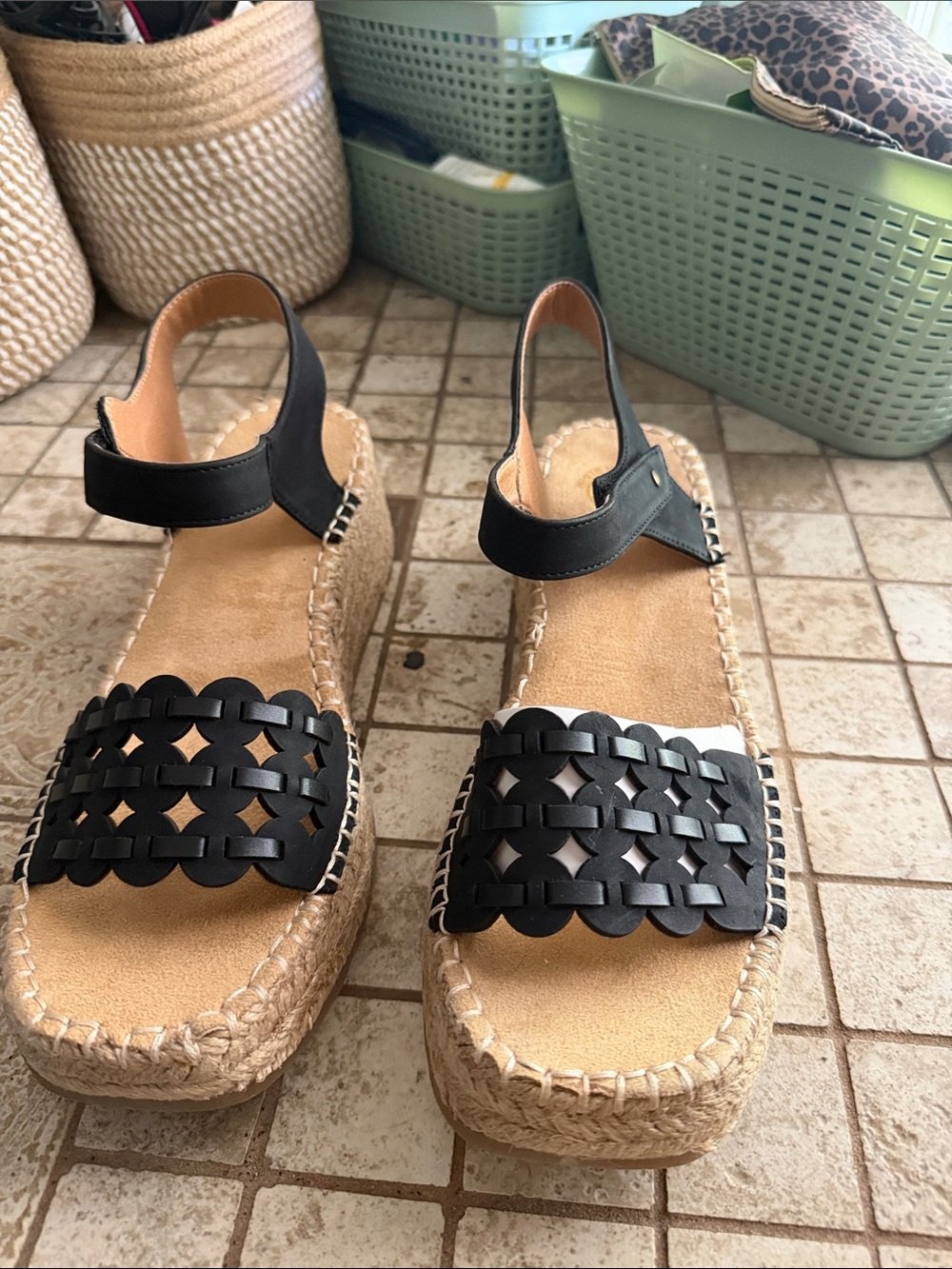 Women's Black Espadrille Platform Sandals with Woven Upper